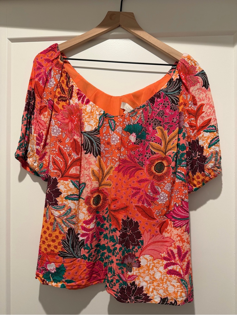 LOFT Womens Coral Floral Patchwork Sweetheart Neckline Blouse Top